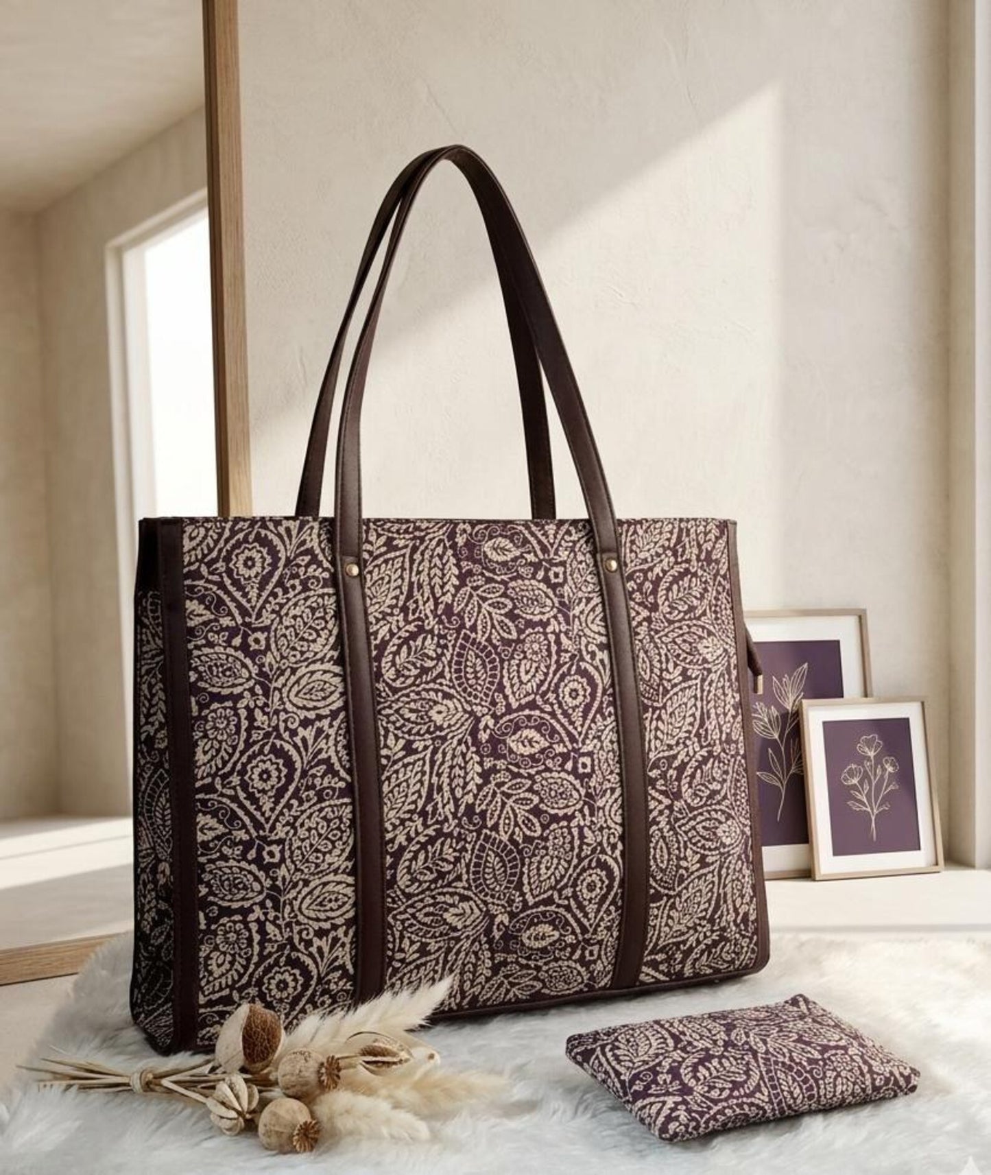 Handmade Block Print Tote Bag with pouch, Cotton and Vegan Leather Tote, Boho Everyday Handbag, Artisan Travel Bag