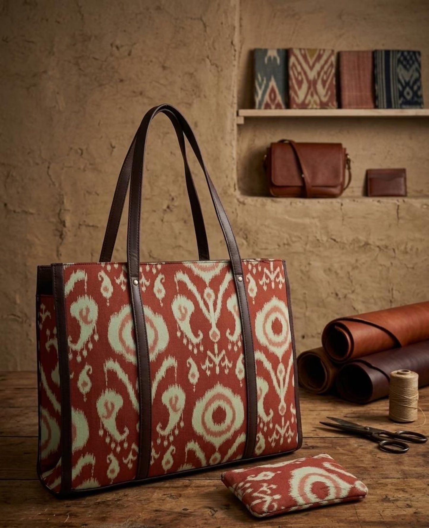Handmade Block Print Tote Bag with pouch, Cotton and Vegan Leather Tote, Boho Everyday Handbag, Artisan Travel Bag
