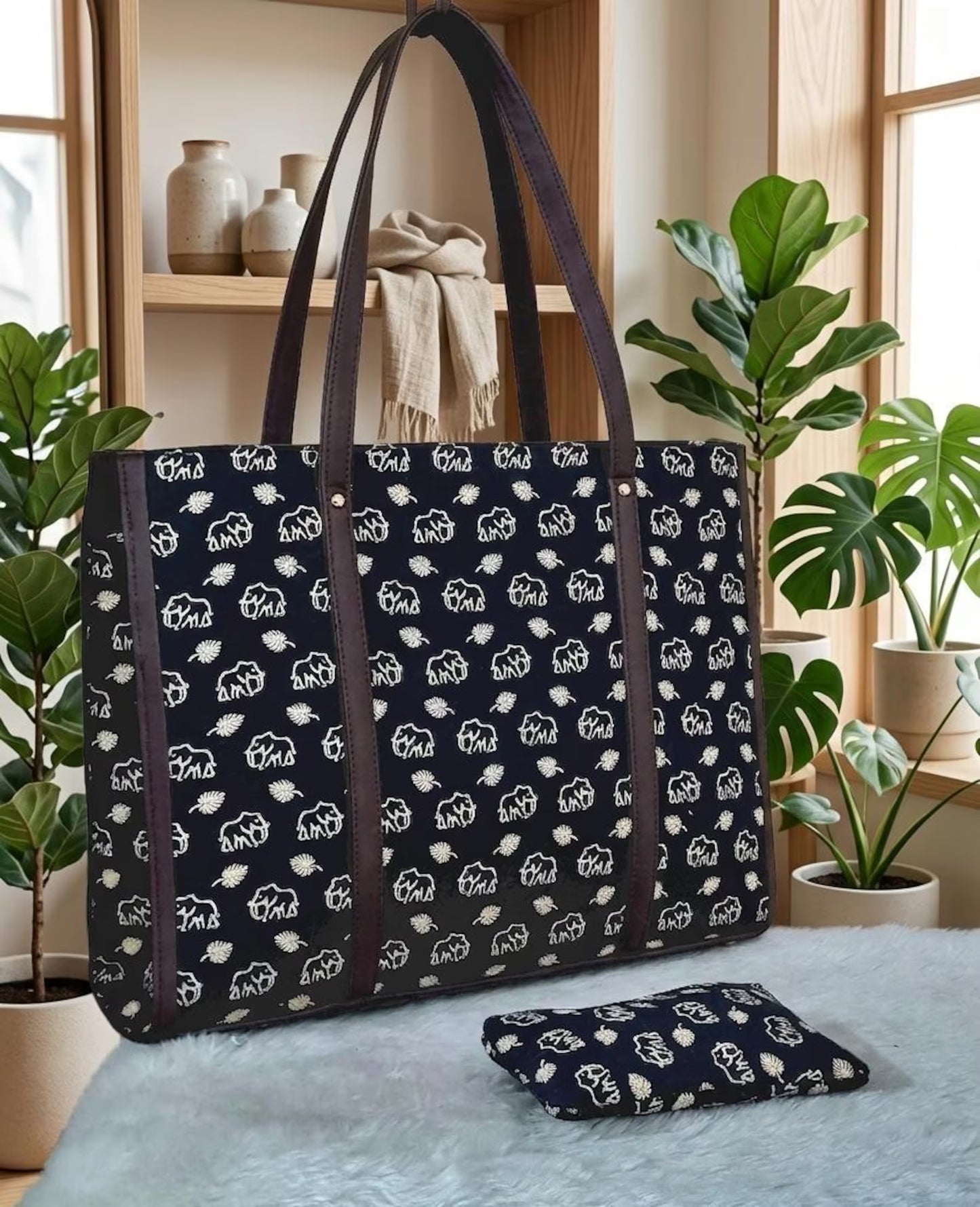 Handmade Block Print Tote Bag with pouch, Cotton and Vegan Leather Tote, Boho Everyday Handbag, Artisan Travel Bag