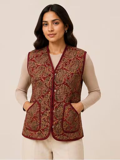 Reversible Handmade Paisley Red Quilted Cotton Vest,Boho Artisan Layering Jacket, Everyday waistcoat