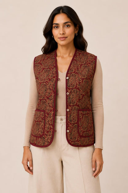 Reversible Handmade Paisley Red Quilted Cotton Vest,Boho Artisan Layering Jacket, Everyday waistcoat