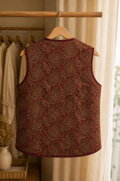 Reversible Handmade Paisley Red Quilted Cotton Vest,Boho Artisan Layering Jacket, Everyday waistcoat