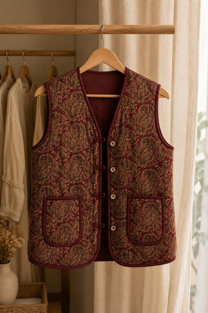 Reversible Handmade Paisley Red Quilted Cotton Vest,Boho Artisan Layering Jacket, Everyday waistcoat