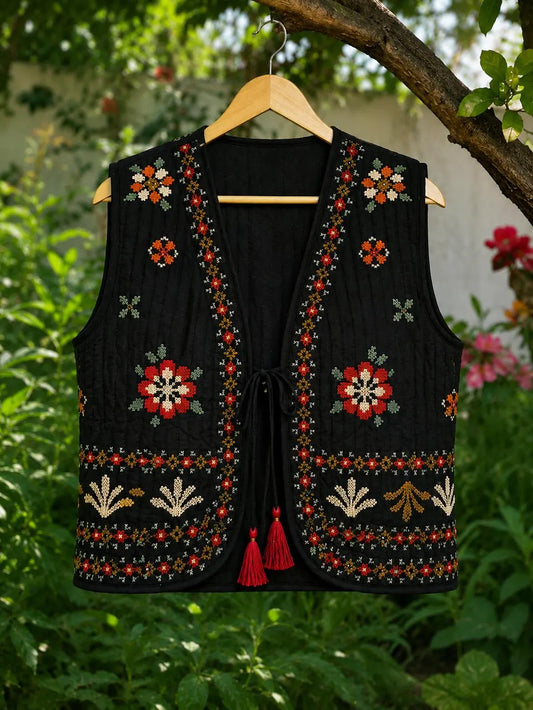 Handmade Quilted Embroidered Vest, Indian Artisan Jacket, Boho Ethnic Cotton Layering Vest