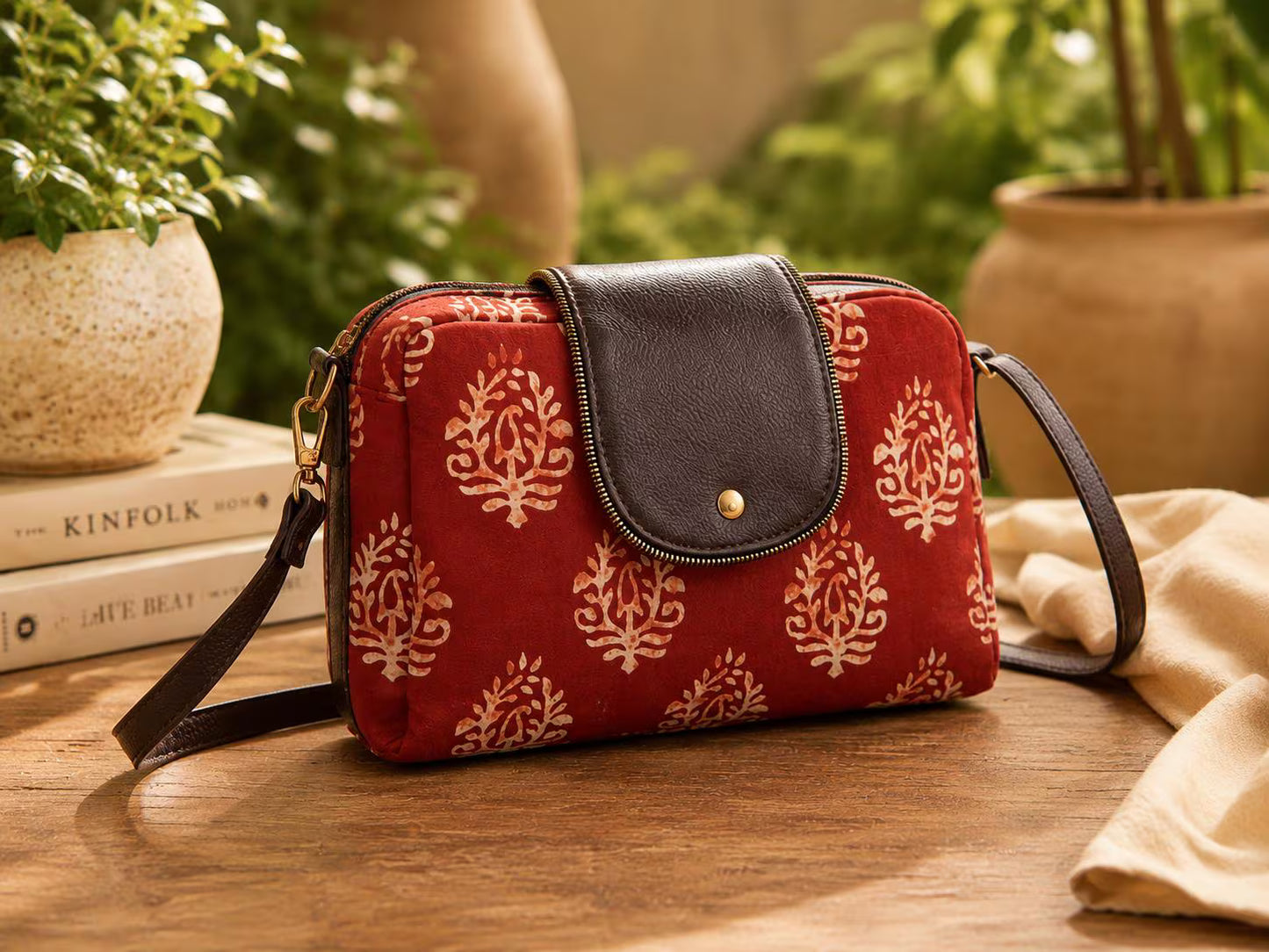 Block Print Crossbody Bag, Cotton Shoulder Purse, Boho Everyday Handbag, Artisan Travel Bag