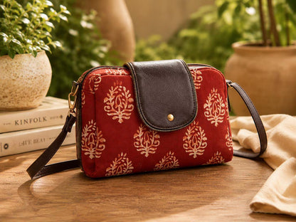 Block Print Crossbody Bag, Cotton Shoulder Purse, Boho Everyday Handbag, Artisan Travel Bag