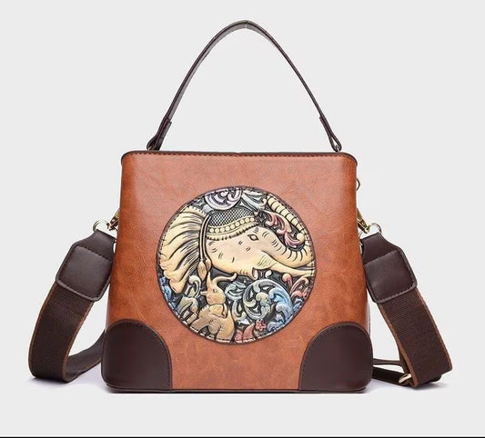 Embossed Elephant Vegan Leather Tote Bag, Boho Shoulder Crossbody Purse