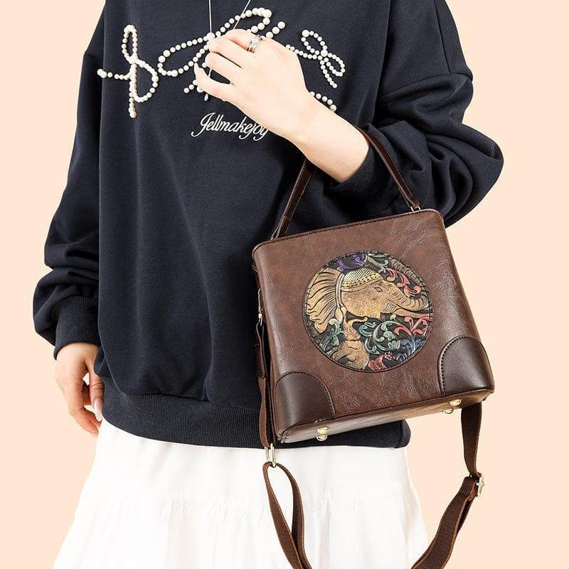 Embossed Elephant Vegan Leather Tote Bag, Boho Shoulder Crossbody Purse