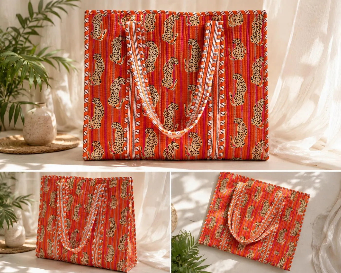 Handmade Quilted Tote Bag, Red Indian Block Print Cotton Shopper,Boho Artisan Everyday Bag
