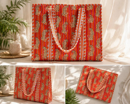 Handmade Quilted Tote Bag, Red Indian Block Print Cotton Shopper,Boho Artisan Everyday Bag