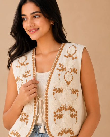 Handmade Embroidered Cotton Vest, Mustard yellow & White Artisan Layering Jacket, Boho Indian print Vest