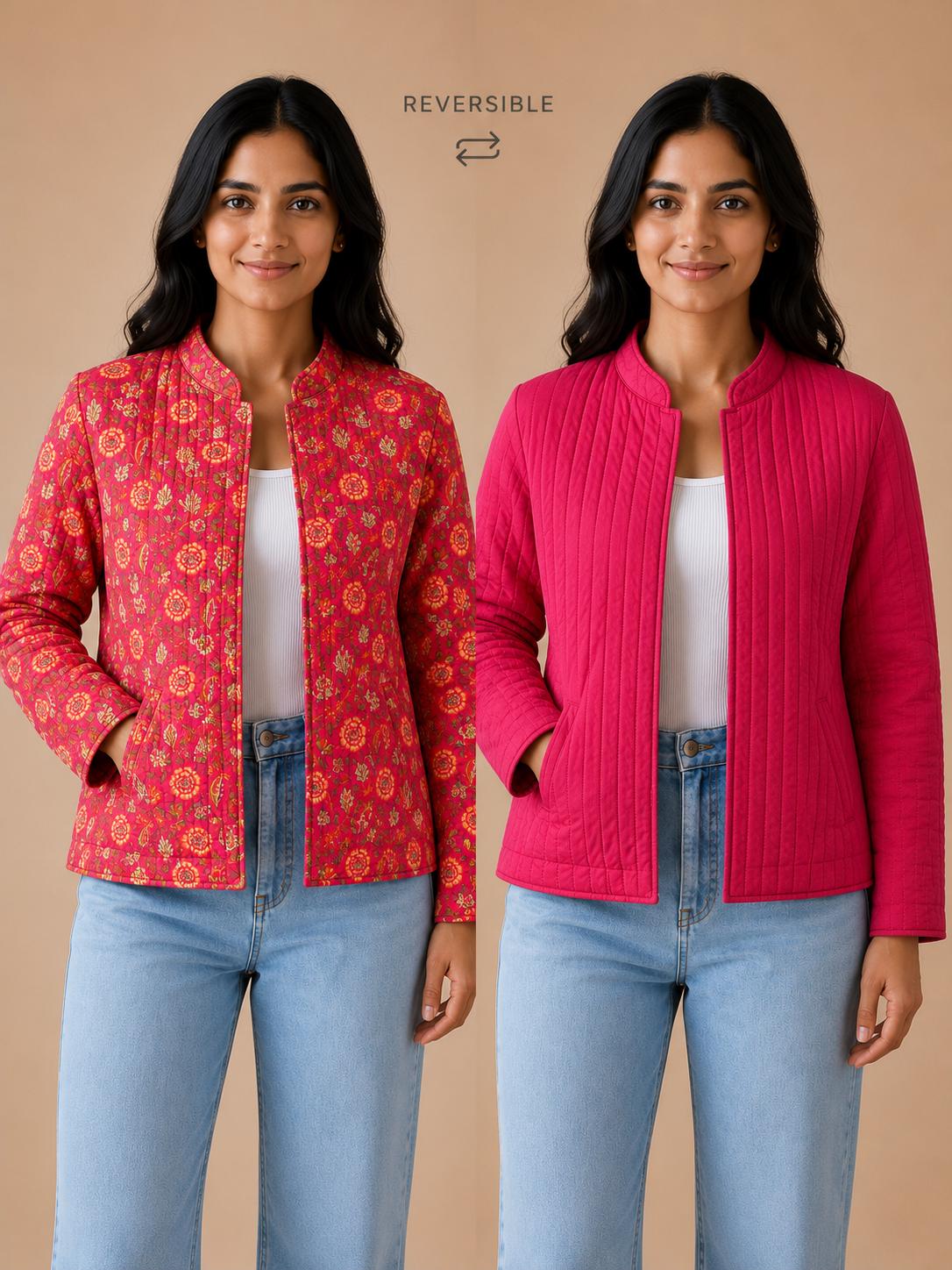 Reversible Quilted Cotton Jacket, Handmade Pink Red Floral Block Print ,Boho Artisan Layering Coat