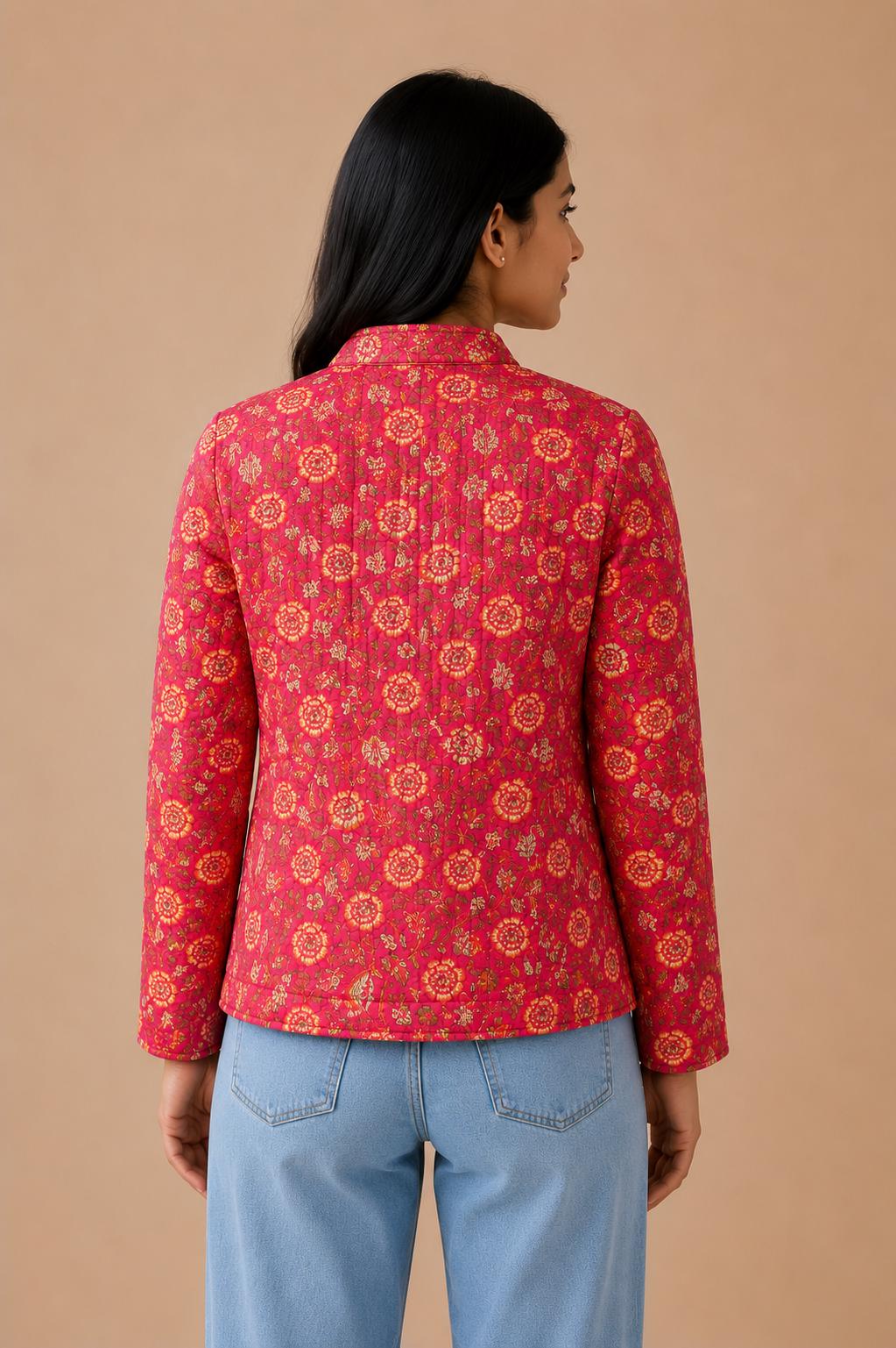 Reversible Quilted Cotton Jacket, Handmade Pink Red Floral Block Print ,Boho Artisan Layering Coat
