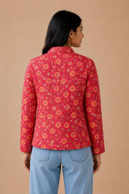 Reversible Quilted Cotton Jacket, Handmade Pink Red Floral Block Print ,Boho Artisan Layering Coat