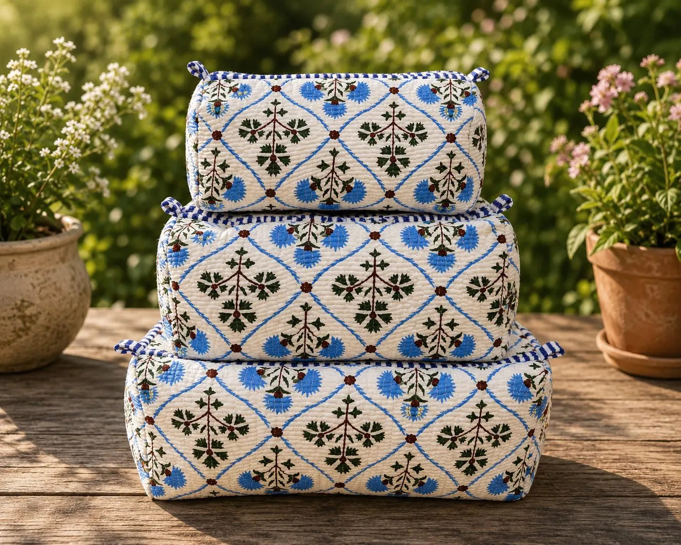 Handmade Block Print Quilted Set of 3 Cotton Pouch , Artisan Makeup Toiletry & Cosmetic Bag