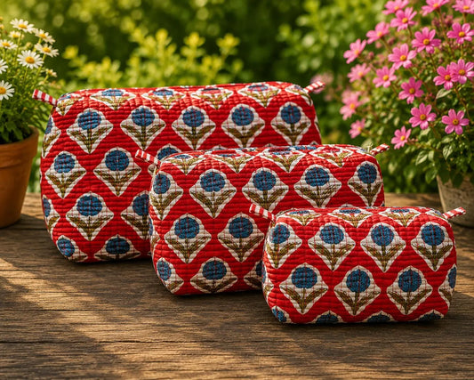 Handmade Block Print Quilted Set of 3 Cotton Pouch , Artisan Makeup Toiletry & Cosmetic Bag