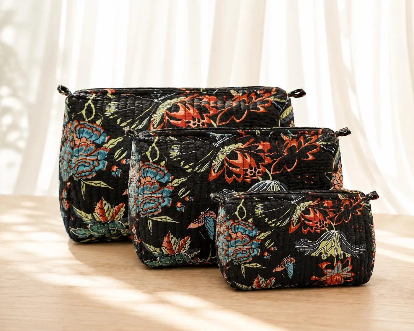 Handmade Block Print Quilted Set of 3 Cotton Pouch , Artisan Makeup Toiletry & Cosmetic Bag