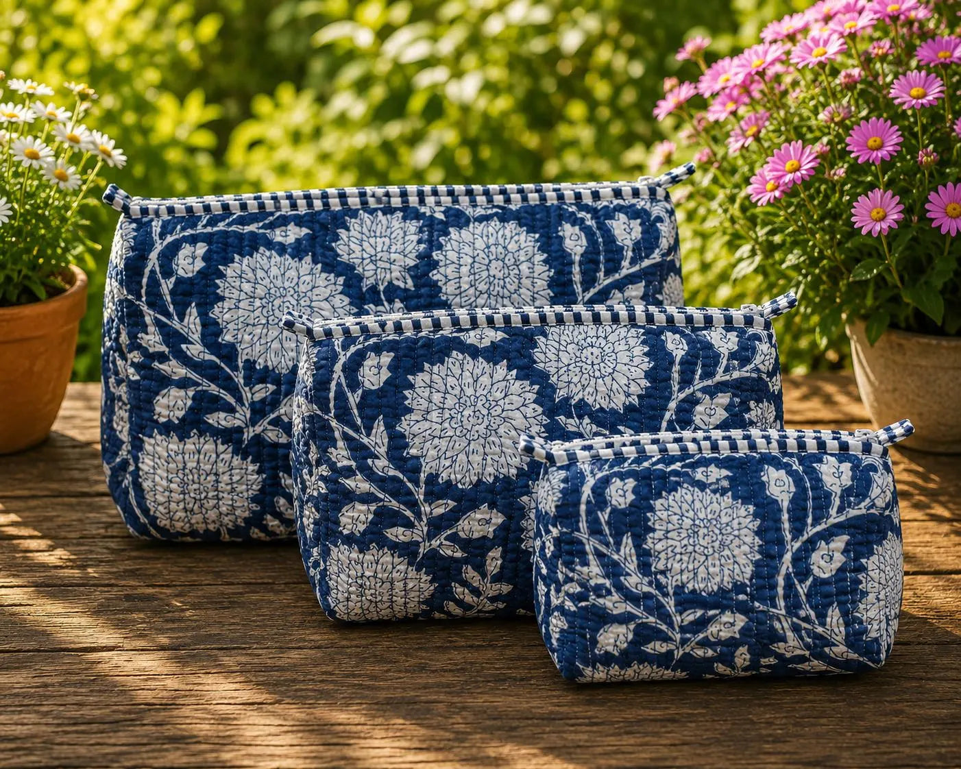 Handmade Block Print Quilted Set of 3 Cotton Pouch , Artisan Makeup Toiletry & Cosmetic Bag