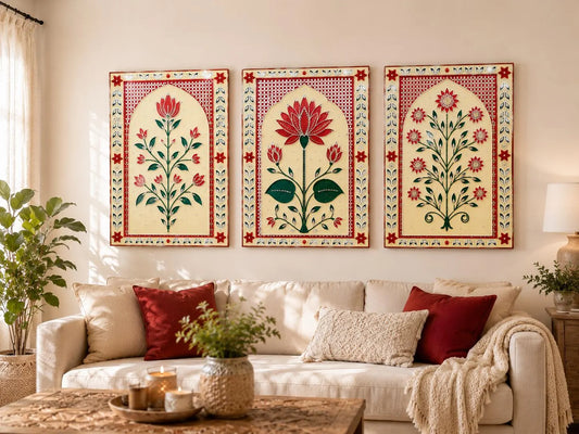 Handmade Set of 3 Lippan Art Wall Decor, Indian traditional Home Decor, Handmade floral painting