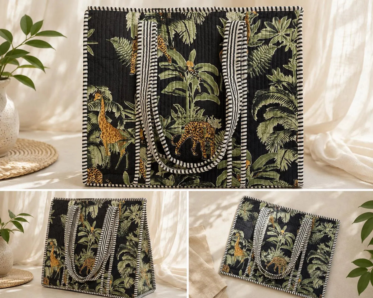 Handmade Quilted Tote Bag, Red Indian Block Print Cotton Shopper,Boho Artisan Everyday Bag