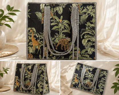 Handmade Quilted Tote Bag, Red Indian Block Print Cotton Shopper,Boho Artisan Everyday Bag
