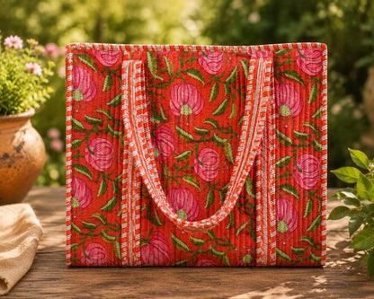 Handmade Quilted Tote Bag, Red Indian Block Print Cotton Shopper,Boho Artisan Everyday Bag