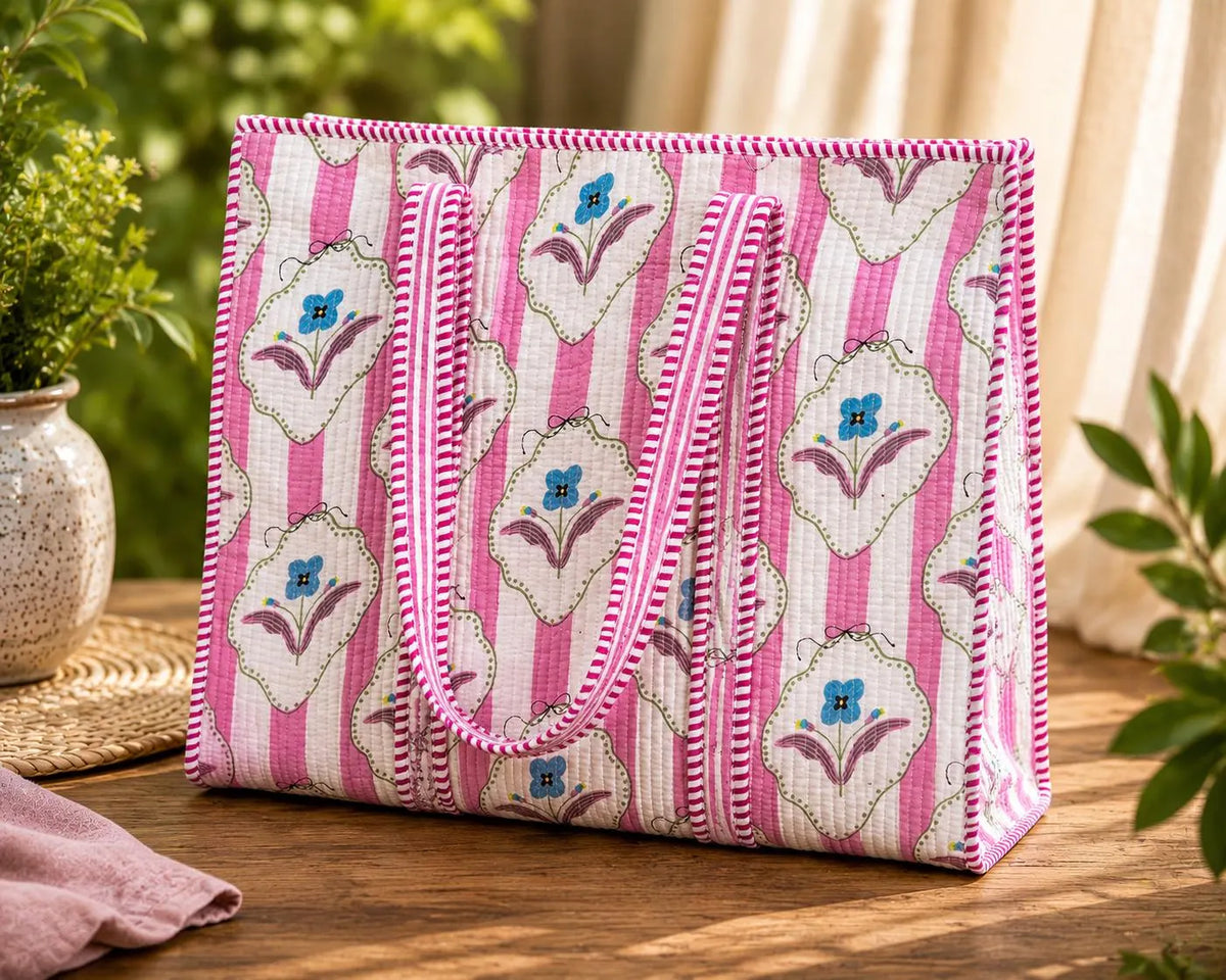 Handmade Quilted Tote Bag, Red Indian Block Print Cotton Shopper,Boho Artisan Everyday Bag