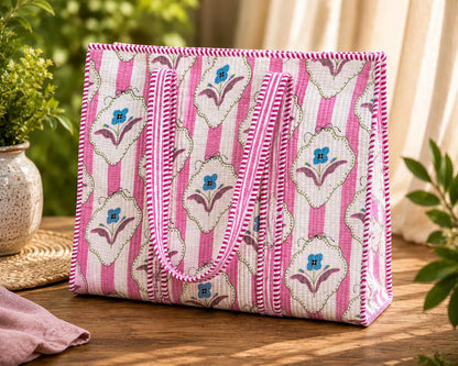 Handmade Quilted Tote Bag, Red Indian Block Print Cotton Shopper,Boho Artisan Everyday Bag