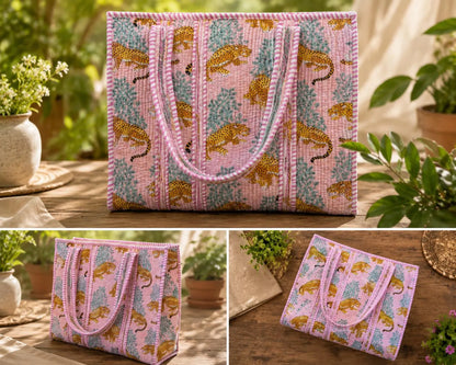Handmade Quilted Tote Bag, Red Indian Block Print Cotton Shopper,Boho Artisan Everyday Bag