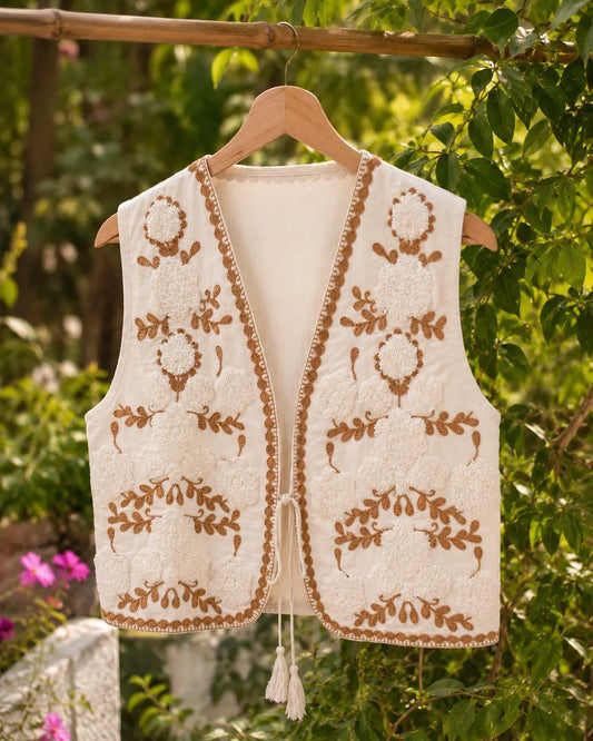 Handmade Embroidered Cotton Vest, Mustard yellow & White Artisan Layering Jacket, Boho Indian print Vest