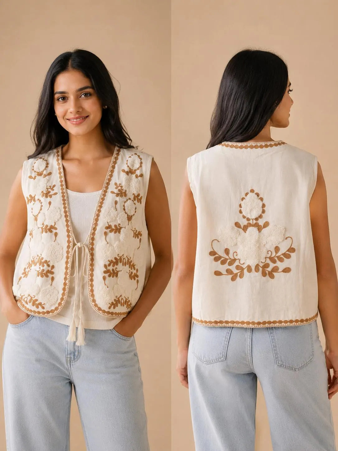 Handmade Embroidered Cotton Vest, Mustard yellow & White Artisan Layering Jacket, Boho Indian print Vest