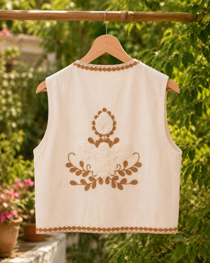 Handmade Embroidered Cotton Vest, Mustard yellow & White Artisan Layering Jacket, Boho Indian print Vest