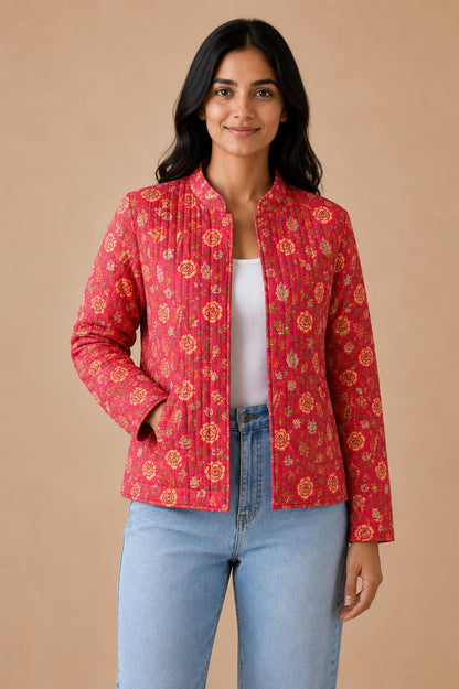 Reversible Quilted Cotton Jacket, Handmade Pink Red Floral Block Print ,Boho Artisan Layering Coat
