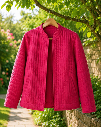 Reversible Quilted Cotton Jacket, Handmade Pink Red Floral Block Print ,Boho Artisan Layering Coat