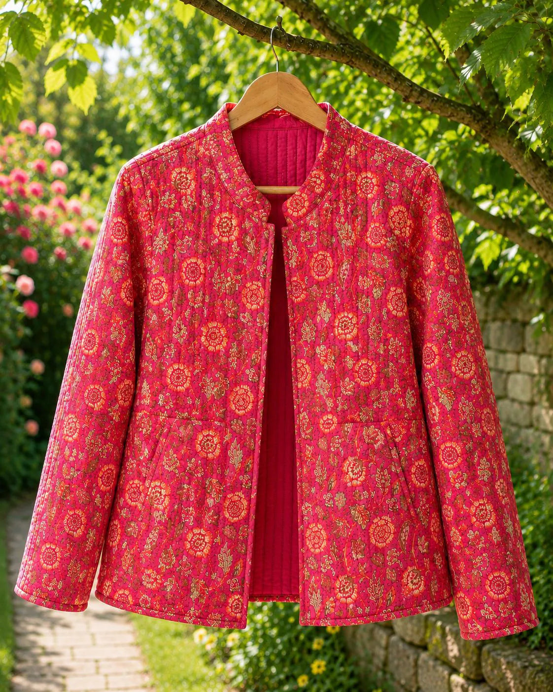 Reversible Quilted Cotton Jacket, Handmade Pink Red Floral Block Print ,Boho Artisan Layering Coat