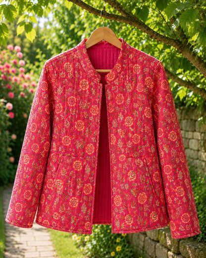 Reversible Quilted Cotton Jacket, Handmade Pink Red Floral Block Print ,Boho Artisan Layering Coat