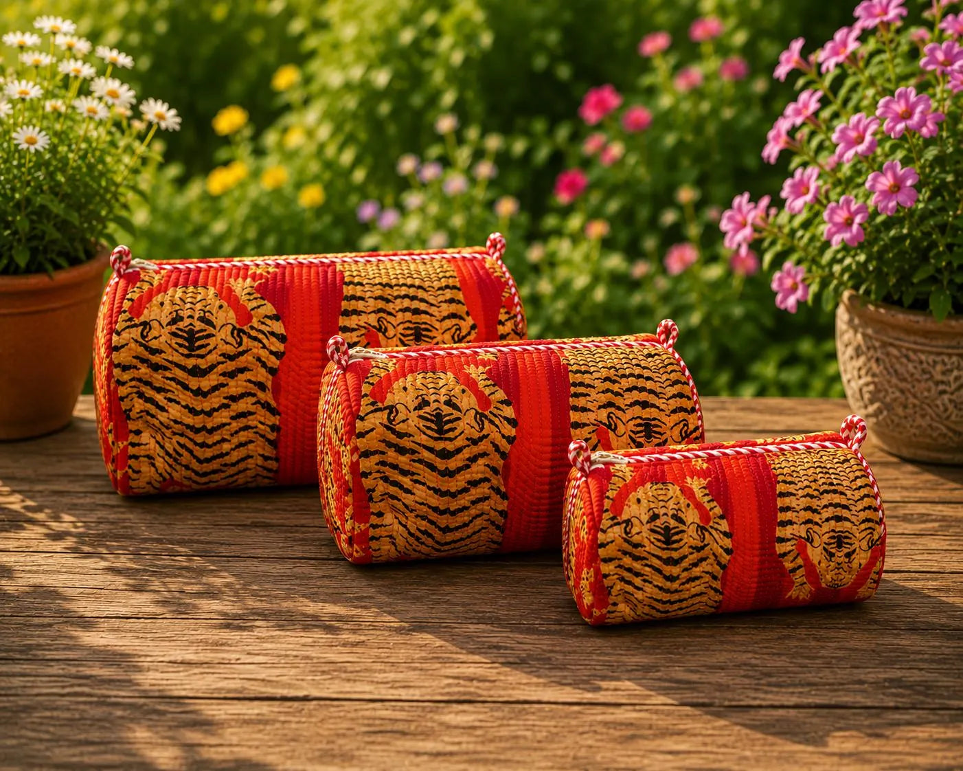 Handmade Block Print Quilted Set of 3 Cotton Pouch , Artisan Makeup Toiletry & Cosmetic Bag