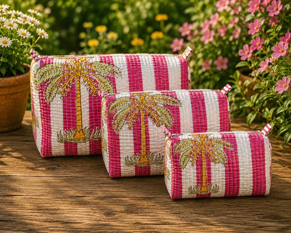 Handmade Block Print Quilted Set of 3 Cotton Pouch , Artisan Makeup Toiletry & Cosmetic Bag