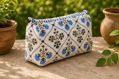 Handmade Block Print Quilted Set of 3 Cotton Pouch , Artisan Makeup Toiletry & Cosmetic Bag