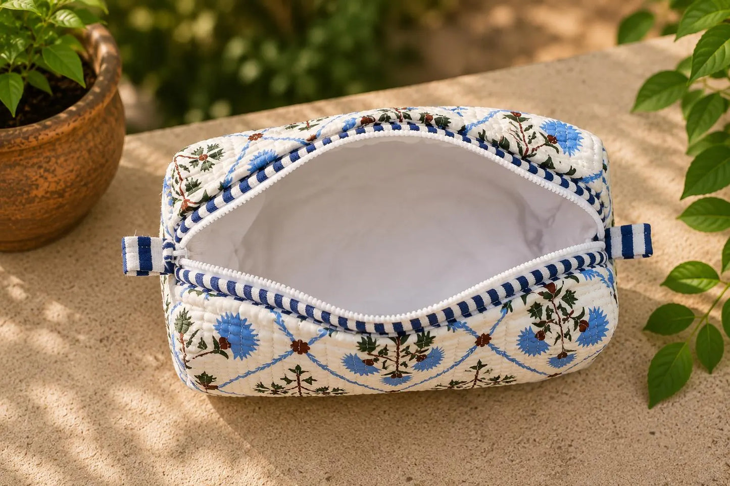 Handmade Block Print Quilted Set of 3 Cotton Pouch , Artisan Makeup Toiletry & Cosmetic Bag