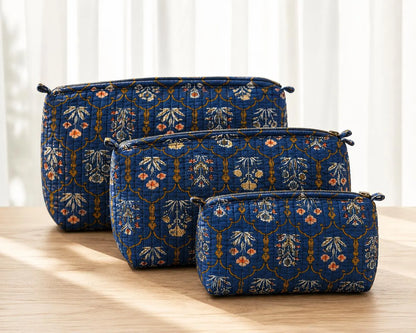 Handmade Block Print Quilted Set of 3 Cotton Pouch , Artisan Makeup Toiletry & Cosmetic Bag