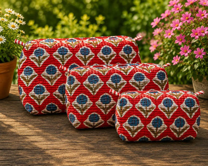 Handmade Block Print Quilted Set of 3 Cotton Pouch , Artisan Makeup Toiletry & Cosmetic Bag