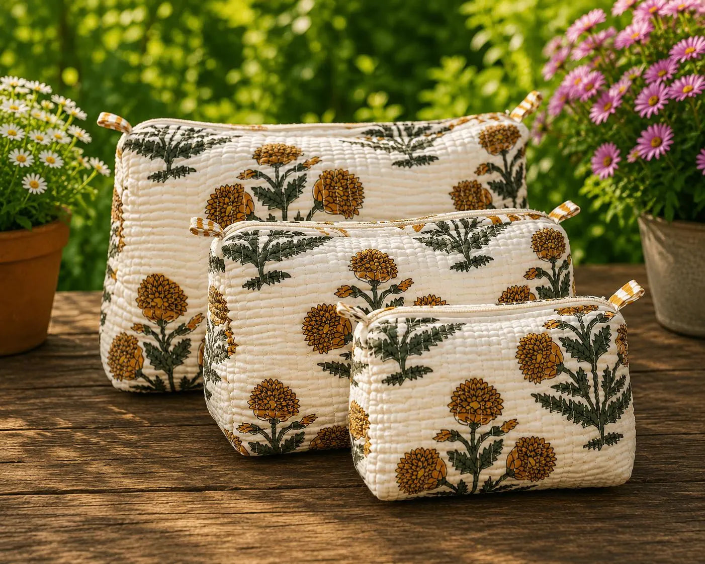 Handmade Block Print Quilted Set of 3 Cotton Pouch , Artisan Makeup Toiletry & Cosmetic Bag