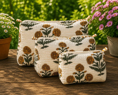 Handmade Block Print Quilted Set of 3 Cotton Pouch , Artisan Makeup Toiletry & Cosmetic Bag