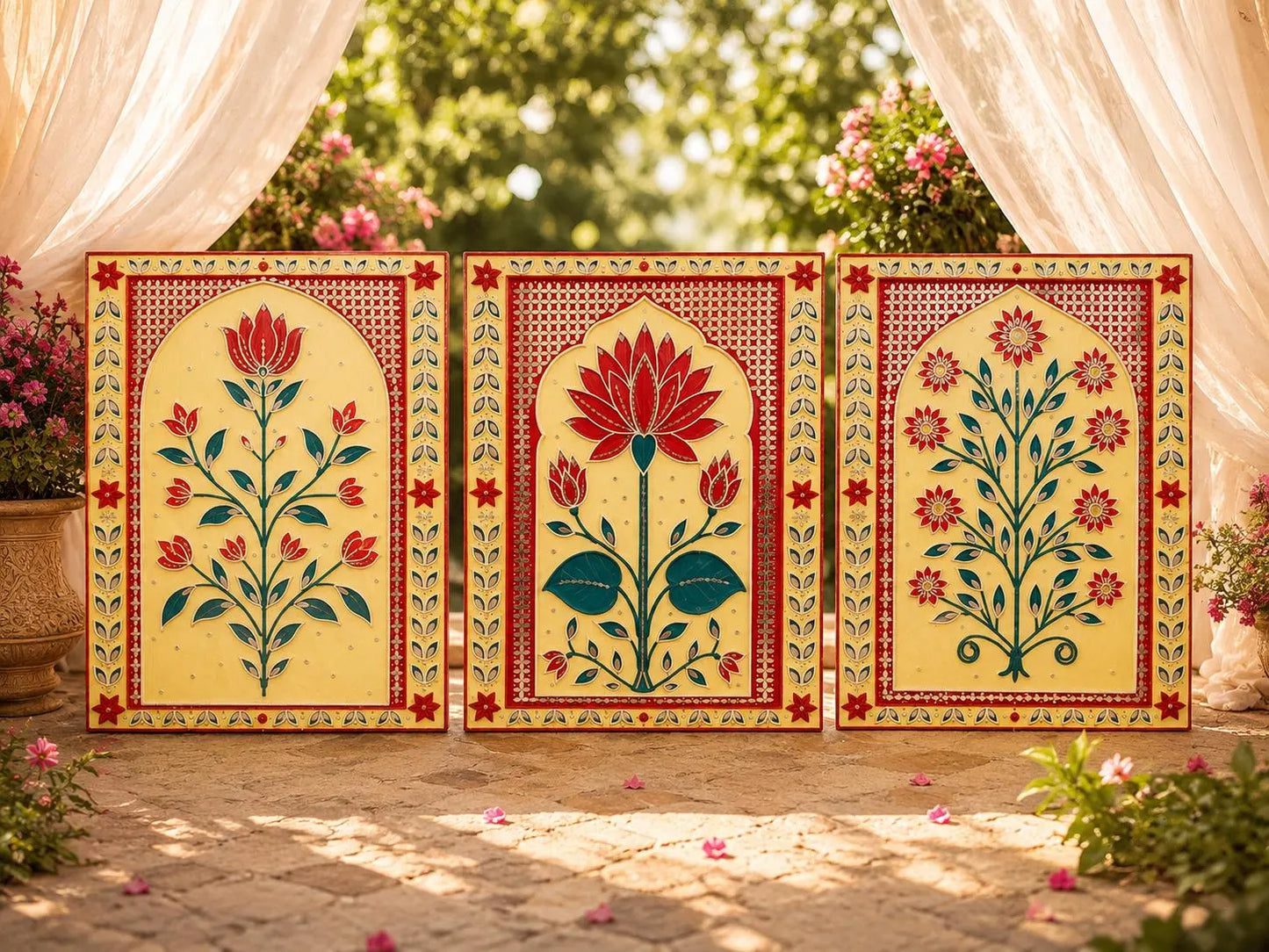 Handmade Set of 3 Lippan Art Wall Decor, Indian traditional Home Decor, Handmade floral painting