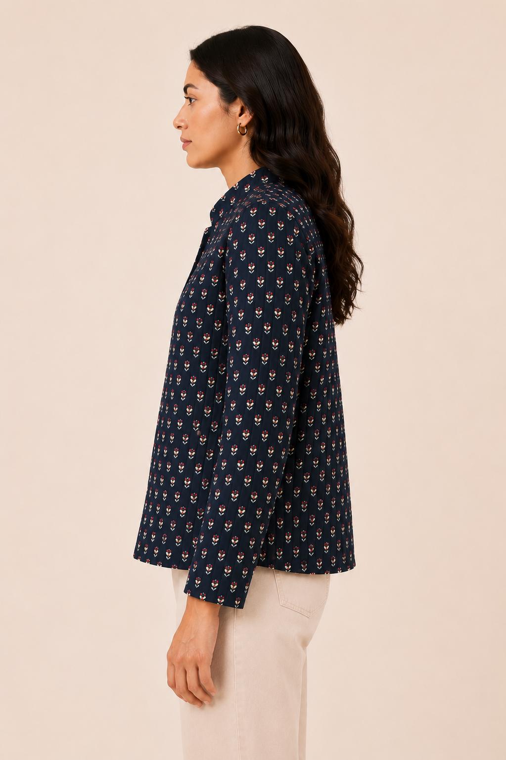 Handmade Quilted Cotton Jacket ,Navy Blue Block Print, Lightweight Boho Layering Jacket