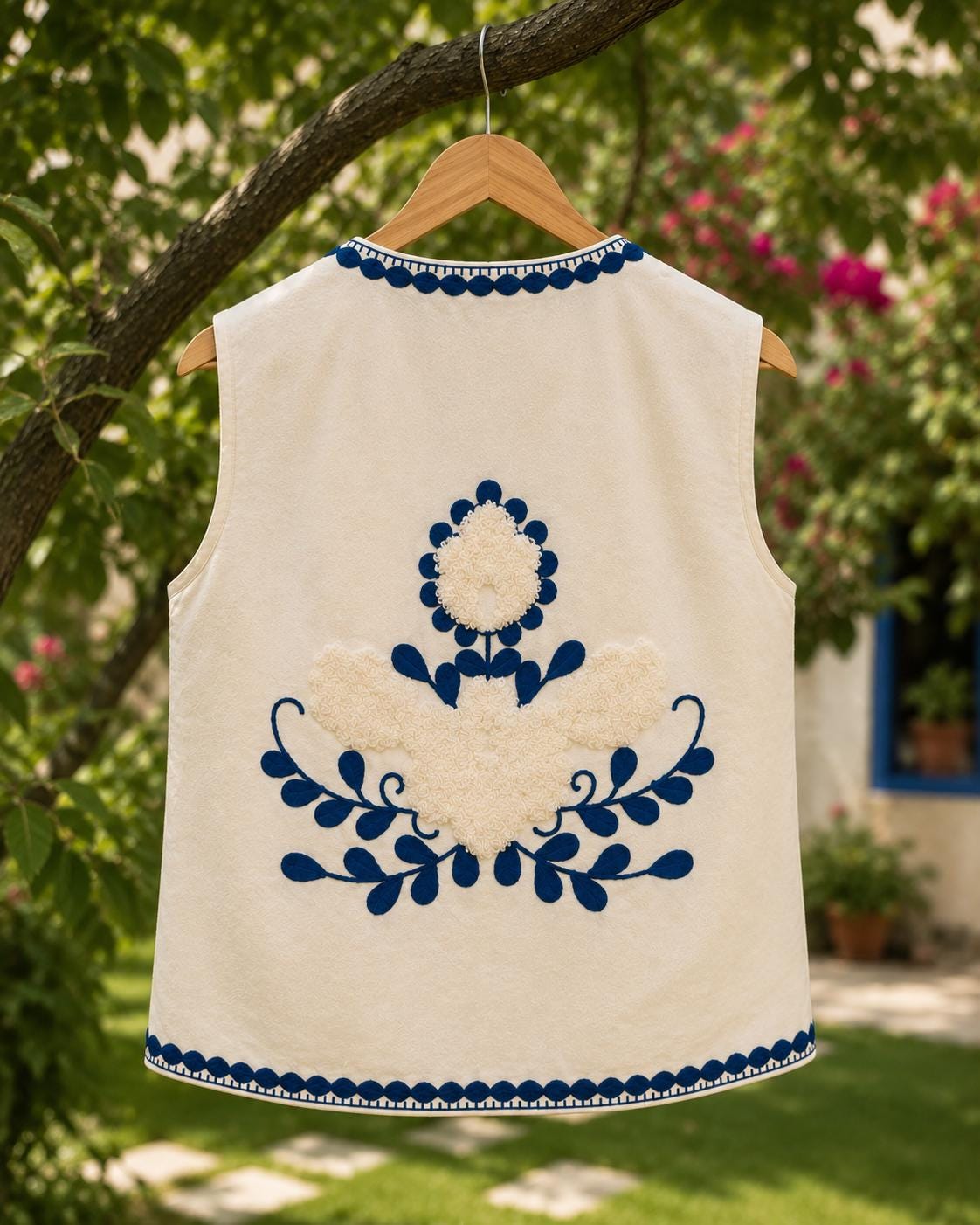 Handmade Embroidered Cotton Vest, Blue & White Artisan Layering Jacket, Boho Indian print Vest