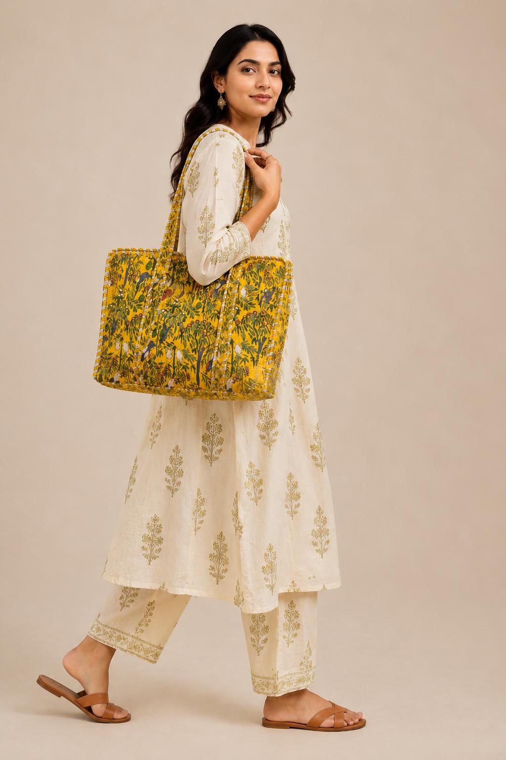 Handmade Quilted Tote Bag, Indian Block Print Cotton Shopper, Mustard Yellow Boho Everyday Bag