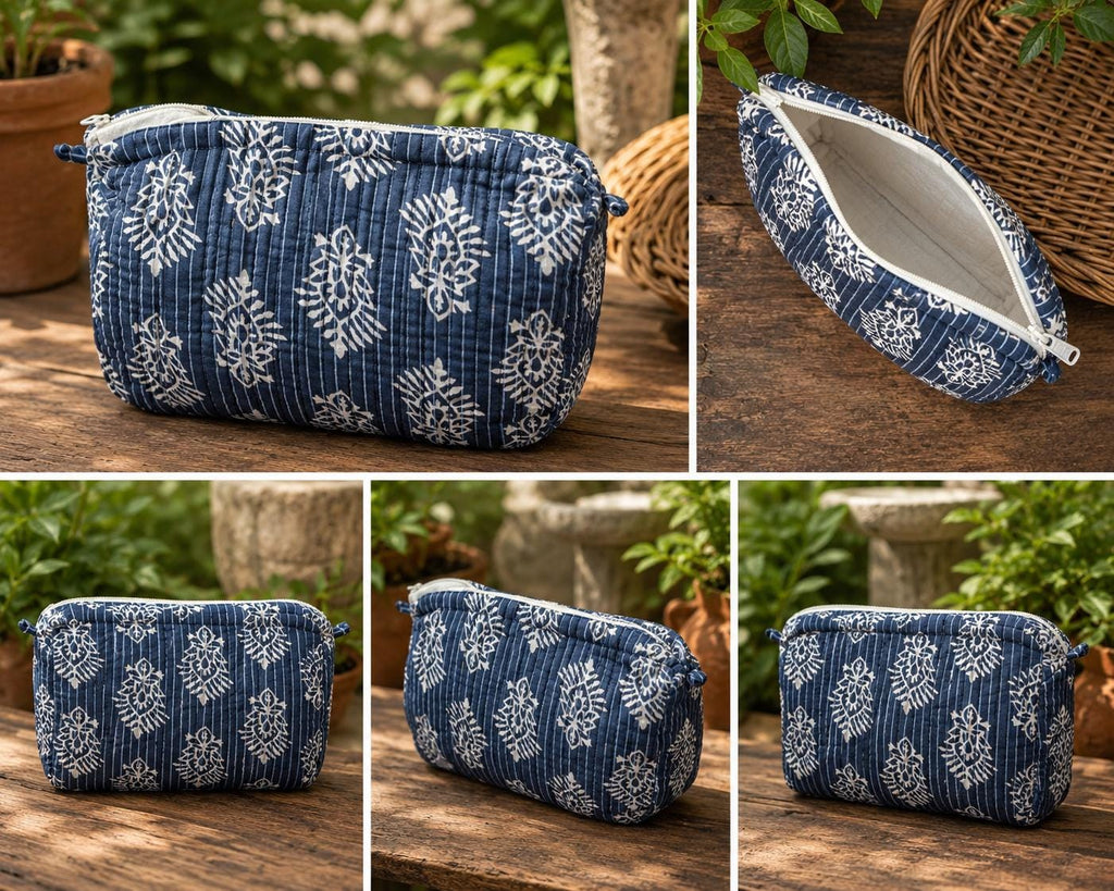 Handmade Quilted Makeup Bag, Blue Block Print Cotton Pouch,Artisan Toiletry & Cosmetic Bag