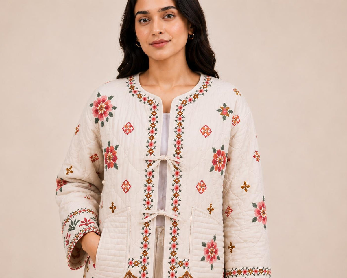 Handmade Quilted Cotton Jacket, Floral Embroidered Artisan Coat, Boho Indian Jacket